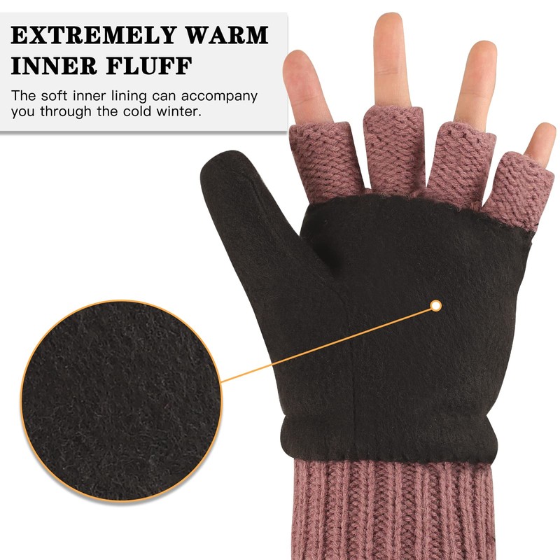 OMECHY Winter Wool Knitted Fingerless Gloves Thermal Insulation Warm Convertible
