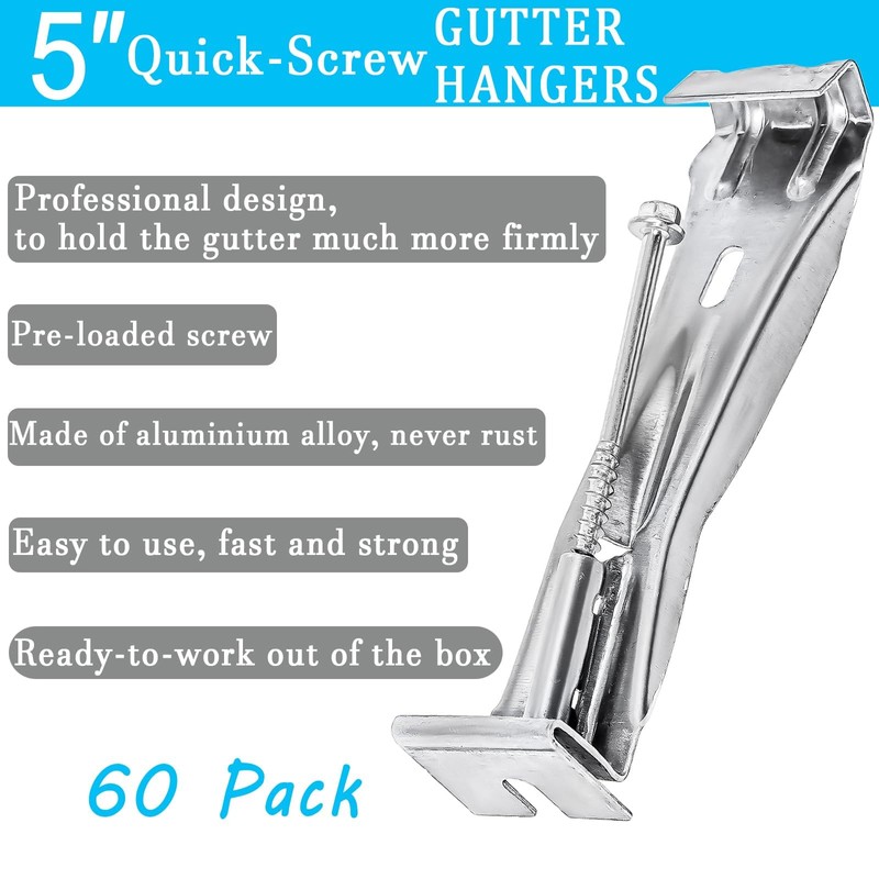 5inch Gutter Hangers (60Pcs) with Pre-Inserted Quick Screw Gutter Clips,