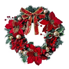 Refined Red and Gold 20" Christmas Wreath, Poinsettias, Ribbons and Ornament Baubles