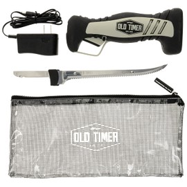 Old Timer Cordless Electric Fillet Knife with 8in Fully Serrated Stainless-Steel Blade, Trigger Lock, Rechargeable Battery, and Self Draining Case for Fishing, Meat Carving, Filleting, and Outdoors