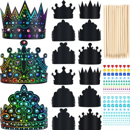36 Set Paper Crowns Set Scratch DIY Paper Crowns with Rainbow Color Craft Scratch Headband for Classroom Kids Boys Girls Adult with Jewels Stickers Wooden Sticks Elastic Bands for DIY Decor