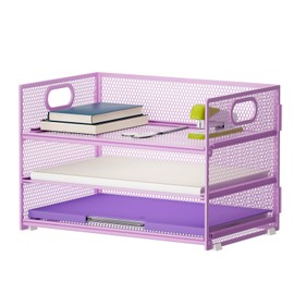 Marbrasse 3 Tier Paper Organizer Letter Tray, Mesh File Organizer with Handle, Paper Sorter Desk Organizer for Home Office Supplies(Purple)