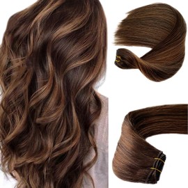 Highlighted Bundles Human Hair Extensions Weft 16” Ombre Balayage Dark Brown to Chocolate Brown Sew in Hair Bundles Ombre Hair Wefts Human Hair Sew in Hair Wefts Remy Hair Bundles Straight Hair Weave