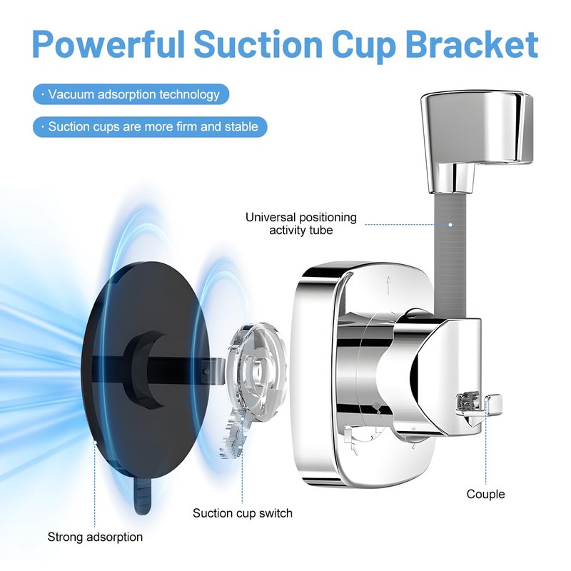 Shower Head Holder, No Drilling, Suction Cup, 120° Adjustable Shower