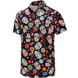 KYKU Skull and Flower Shirt Casual Button Up Shirts for Men, Colourful, Small