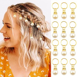 NAISKA 12PCS Gold Pearl Shiny Hair Accessories: Braid Clips, Dreadlock Accessories, Wedding Hair Pins with Crystal Rhinestones, Hair Jewelry for Women Cuffs, Charms, Rings
