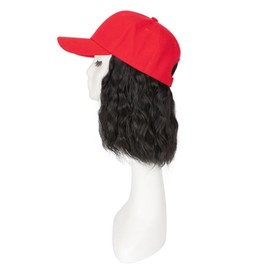 TESS Red Baseball Cap with 8'' Short Wavy Synthetic Hair Extensions for Women and Girls - Adjustable & Breathable Wig Cap for Daily Use, Outdoor Activities