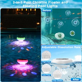 QOLNBY Floating Pool Lights, Solar Pool Chlorine Floater with USB Charging, 6.69 Inch IP68 Waterproof 2600mAh 13 Color Modes Adjustable Pool Chlorine Dispenser Upper and Lower Glow Pool Lights 2 Pack