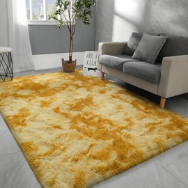 Hutha 8x10 Large Area Rugs for Living Room, Super Soft Fluffy Modern Bedroom Rug, Tie-Dyed Orange Yellow Indoor Shag Fuzzy Carpets for Girls Kids Nursery Room Home Decor