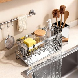 HoMaNa - Soporte de esponja para fregadero de cocina, organizador de fregadero de acero inoxidable, autodrenaje de inclinación 30°, soporte de esponja con soporte para cepillo para polvo de platos