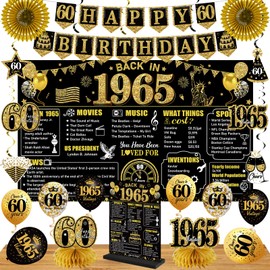 60th Birthday Decorations Kit for Men Women, Black Gold 24PCS Back in 1965 Banner Decorations , Vintage 1965 Banner Wooden Table Sign Poster Hanging Swirl Balloons Papar Fans Cheers to 60 years