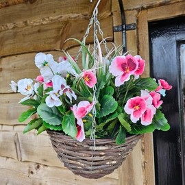 Best Artificial 30cm Pansy Flower Display in 10" Rattan Wicker Hanging Basket for Outdoor Garden (Pink & White)