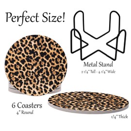 Exotic Leopard Brown Round Coasters Set of 6 - Abosrbent Ceramic with Metal Stand for Drinks, Coffee, Non-Slip Cork Back (Leopard)