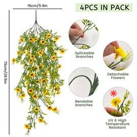 Daily Treasures Artificial Hanging Flowers Plants for Outdoor,4Pack Bright Yellow Outdoor Daisy,45 Heads Hanging Faux Flowers for Outside Home Indoor Planter Porch Garden Yard Spring and Summer Decor