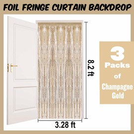 3 Pack 3.28x8.2 Ft Champagne Gold Foil Fringe Curtains Backdrop, Metallic Tinsel Streamers Curtains Backdrop for Photo Booth, Birthday, Graduation, Mother's Day, Disco, Celebration Party Decoration