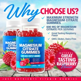 Magnesium Citrate 600mg Gummies (120 Count) - Maximum Strength, Supports Calm, Bone, Heart & Nerve Health - Gluten-Free, Non-GMO, Vegetarian, Great Tasting Raspberry Flavor - 60 Servings