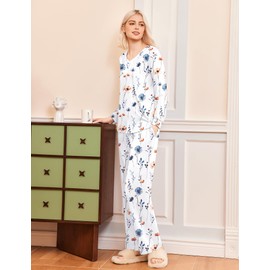 Ekouaer Womens Pajama Set for Women Long Sleeve Pleated V Neck Tops and Pajama Pants Soft Pjs Lounge Sets White/Blue/Flower, Medium