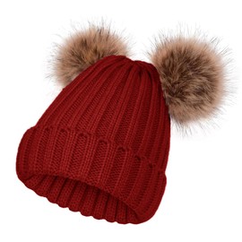 SERENYOU Winter Hat for Women Knit Warm Beanie with 2 Pom Snow Outdoor Cap Faux Fur Pompom Ears Red Wine