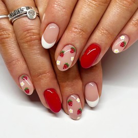IMSOHOT Short Press on Nails French Tip Almond Fake Nails Red Strawberry Pattern False Nails with Designs Stiletto Glue on Nails Full Cover Acrylic Nails for Women 24Pcs