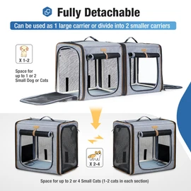 Lekereise Large Cat Carrier for 2 Cats, 2-in-1 Cat Travel Carrier with Litter Box, (17.7" x2) x16.5"x13" Pet Carrier with Zipper Locks for Moving Across The Country (No Hammock) - Grey