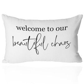 Farmhouse Pillow Cover 12x20 Inch - 'Welcome to Our Beautiful Chaos' Family-Inspired Rustic Lumbar Throw Cushion Case, Cozy Home Decor Accent for Living Room and Porch(White)