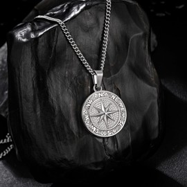 murtoo Men's Necklace with Compass Pendant for Men, Silver Stainless Steel Necklace, Gift Ideas for Men and Women, Stainless Steel