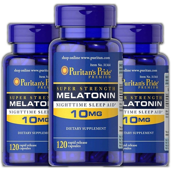 Puritan's Pride Melatonin 10 mg Sleep aid Insomnia Relax Sleep Pill 120 Capsules (3-Pack)