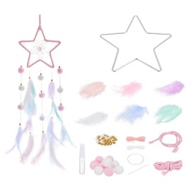 PATIKIL DIY Dream Catcher Star Making Dream Catcher Supply Handmade Dream Catcher Kit Feather Pom Pom Beads Wall Hanging Decoration Craft Pink