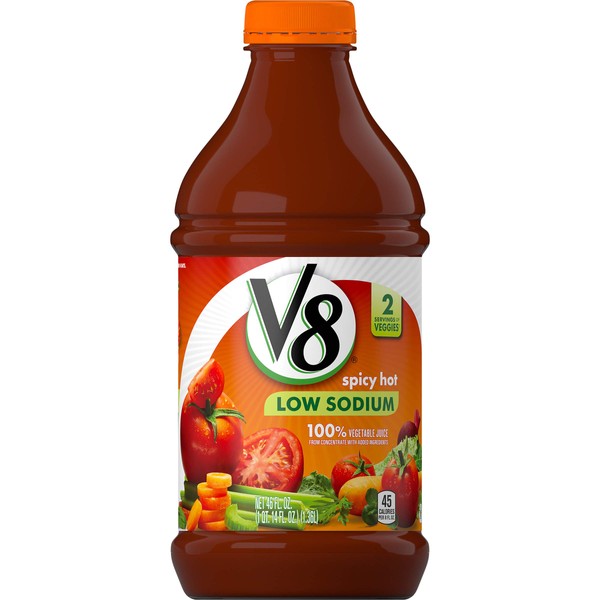 V8 Low Sodium Spicy Hot 100% Vegetable Juice, Vegetable Blend Juice with Tomato Juice and Spices, 46 FL OZ Bottle