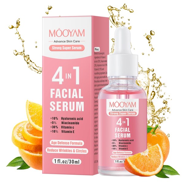 4 in 1 Vitamin C Serum for Face with Hyaluronic Acid & Vitamin E, Brightening & Hydrating Serum for Wrinkles, Dark Spots, Daily Face Moisturizer for All Skin Types, 30 ml / 1 fl oz