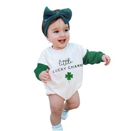Infant Toddler Baby Girl St Patricks Day Outfits Long Sleeve Romper Clover Bodysuit Lucky Jumpsuit Green Onesie (Clover Green, 12-18 Months)