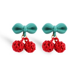 Cherry Fruit Earrings for Women and Teen Girls, Cute Kawaii Creative Green Leaf 3D Red Dangle Clip On Drop Studs Cherry Earrings Accessories Charms Jewelry Summer Beach Silver