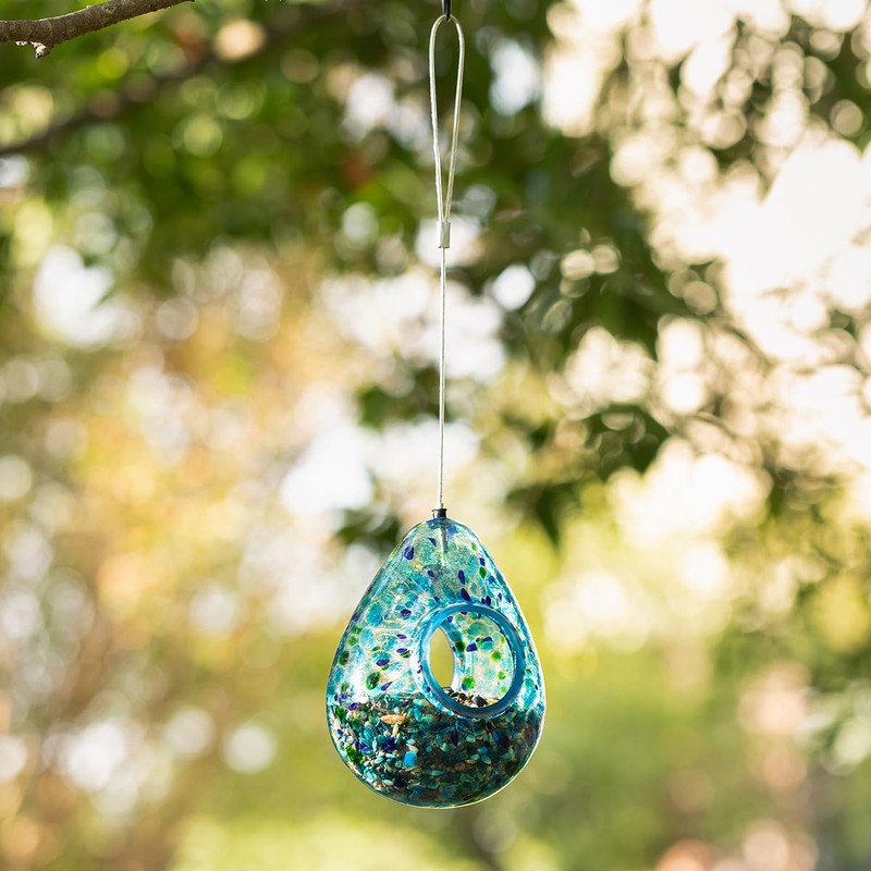 Glitzhome Glass Bird Feeder for Outdoors, 6.75" H Blue Dots