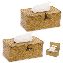 Seagrass Tissue Box, Pack of 2 Rectangular Woven Tissue Box, Tissue Boxes, Tissue Dispenser, Decorative Woven Paper Holder, Handwoven Tissue Boxes, Suitable for Retro Style, Caramel Colour