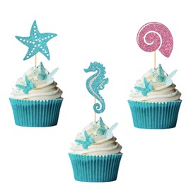 RoadSea Ocean Sea Animal Cupcake Toppers - Conch Hippocampus Seahorse Ocean World Party Cupcake Supplies - Kid Birthday - Wedding Party Dessert Decorations - 24 PCS Glitter