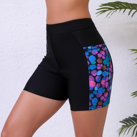 Halcurt Women's 5" High Waisted Swim Board Shorts with Pocket Boyshorts Swimsuit Bottoms Black Leaf L