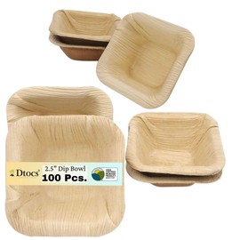 Dtocs Palm Leaf Bowl 2.5 Inch Square (Pack 100) | Natural, Eco-Friendly, Compostable Disposable Sauce Dish Dipping Bowl For Sampling Sushi, BBQ Ketchup At Wedding, Expo, Party- Sturdy like Plastic