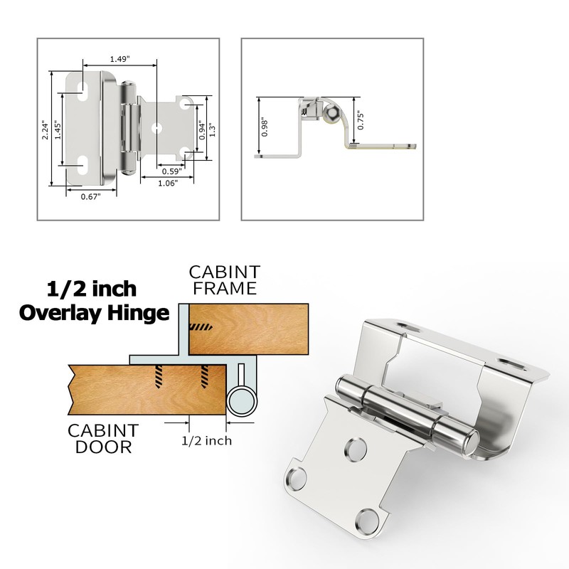 Chibery 10 Pack 1/2" Overlay Semi-Partial Wrap Around Hinges, Self