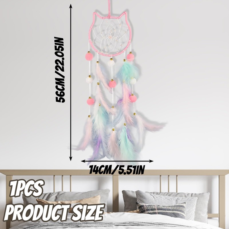 Dream Catcher for Girls, Pink Cat Dreamcatcher with Feathers, Cat