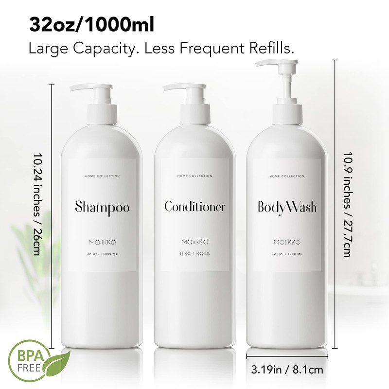 MOIIKKO Refillable Shampoo and Conditioner Dispenser Bottles 900ml Set of