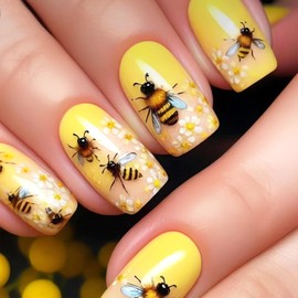 Flower Press on Nails Medium Square Fake Nails with Designs Bee Gel Glue on Fingernails Yellow Acrylic False Nails Summer Artificial Nails Kit Glossy Full Cover Stick on Nails for Women 24Pcs