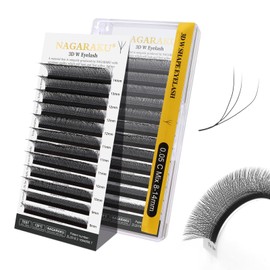 NAGARAKU 3D W Eyelash Extensions, W Shape Eyelash Extension, Self-Fanning Lash, Pre-Fanned Ready-to-Use Fan Weave with Long Handle, Premade Fans Volume Cluster, Matte Black (0.05 mm, C Curl, 8-14 mm)