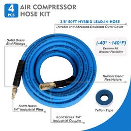 FYPower Air Compressor Hose 3/8 Inch x 50 Feet Hybrid Hose with Fittings, Flexible and Kink Resistant, 1/4" Industrial Quick Coupler and Plug Kit - Blue