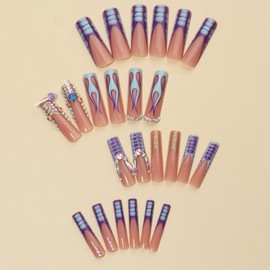 Press on Nails Extra Long - Aegenacess Square Press On Nails with 3D Rhinestones, Nude Blue Purple French Tips Y2K Fake Nails with Glue Sticker, Handmade 24 pcs Stick On Nails False Nail in 12 Sizes
