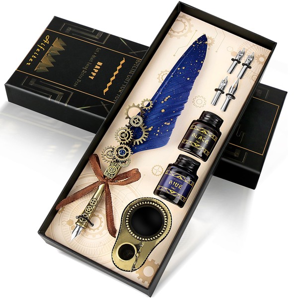 Aifeiter Quill Pen Ink Set,Calligraphy Pen Set,Includes:Feather Pen,2 Bottles of