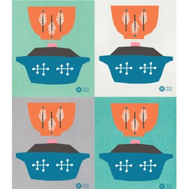 Trendy Tripper Swedish Dishcloth - Anna Kovecses Midcentury Designs - Choice of Cups + Bowls (4-Pk Orange Bowls on Asst Colors Cloth)