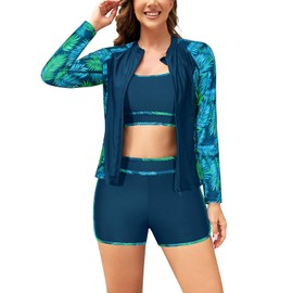 SHEKINI Women's 3 Piece Rash Guard Long Sleeve Swimsuits Zip Up Sun Protection Swimming Shirts Built in Bra with Boyshorts, Deep Blue + Green Leaf, XXL
