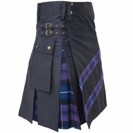 Utility Kilts for Men - Traditional Scottish Modern Hybrid Utility Kilt Tartan - Black Cotton Kilt Adjustable Strap, Kilts for Men (Pride of Scotland, Belly Button - 50" Inches)