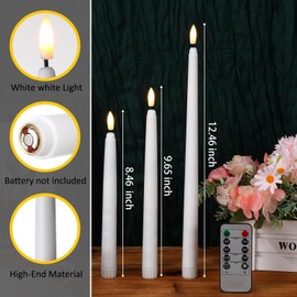 Tuanse 20 Pack White Flameless Taper Candles Flickering Bulk Long LED Advent Candlesticks Battery Operated with Remote and Timer 3D Realistic Wick Lights for Wedding Valentines Window Decor(12.4")