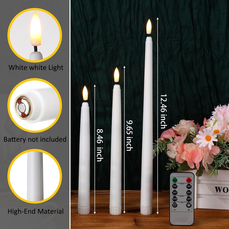 Tuanse 20 Pack White Flameless Taper Candles Flickering Bulk Long